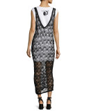 2-in-1 Sheer Netted V-Neck Midi Dress w/ Jersey Underlay, Black