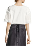 Short-Sleeve Poplin & Crochet Top, White