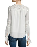 Sarah Silk Lace-Panel Top, Chalk