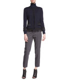 Fringe-Trim 3/4-Sleeve Jacket, Navy/Caviar