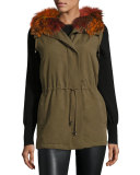 Milt Hooded Fox-Trim Vest, Green