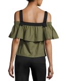 Ruffled Cold-Shoulder Cotton Poplin Top, Green