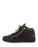 Men's Leather Mid-Top Sneaker with Gold Piercing Details, Black