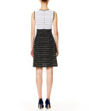 Leaf-Embroidered Sleeveless Fit-&-Flare Dress, White/Black