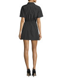 Short-Sleeve Button-Front Mini Shirtdress, Nero