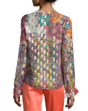 Printed Lace-Up Peasant Blouse, Gold