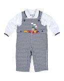 Gingham Train Overalls w/ Polo Shirt, Navy/White, Size 6-24 Months