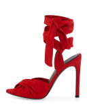 Delilah Suede Ankle-Wrap Sandal, Medium Red