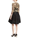 Metallic Lace & Gazar 3/4-Sleeve Dress, Black/Gold