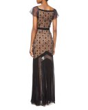 Flutter-Sleeve Embroidered Lace Gown, Navy