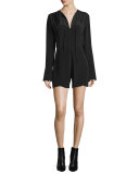 Long-Sleeve Split-Neck Romper, Black