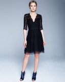 Half-Sleeve V-Neck Lace Cocktail Dress, Black