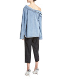 One-Shoulder Denim Pocket Shirt, Blue