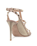 Rockstud Colorblock Caged 100mm Sandal, Sasso/Poudre