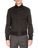 Zip-Up Bomber Jacket W/Suede Panels, Black