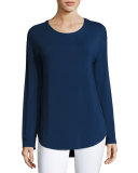 Long-Sleeve Crewneck Curved-Hem Pullover, Indigo