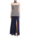 Pleated Front-Slit Maxi Skirt, Maritime