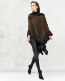 Asymmetric Fur Poncho w/Rosette, Brown