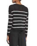 Long-Sleeve Striped Linen Crop Top, Black/White 