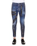 Zipper-Trim Slim-Fit Denim Jeans, Blue
