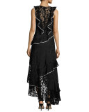 Harmany Sleeveless Asymmetric Floral Lace Ruffle Gown, Black