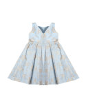 Sleeveless Embroidered Linen-Blend Dress, Blue, Size 4-10