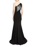 One-Shoulder Beaded Crepe Gown, Pewter/Black