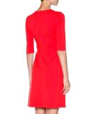Half-Sleeve Stitch-Detail Dress, Scarlet