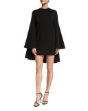 Long-Sleeve Pleated-Back Cocktail Dress, Black