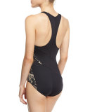 Ornamental Floral Mesh High-Neck One-Piece Swimsuit