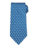 Owl-Print Silk Tie, Light Gray/Blue