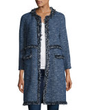 Zarafilla Tweed Zip-Front Coat with Fringe Trim, Blue