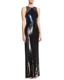 Sequined Panel High-Neck Sleeveless Gown, Blue/Black