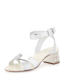 Metallic Leather Jewel-Heel Sandal, Silver (Argento)