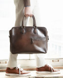 Three-Zip Leather Briefcase, Brown 