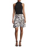 Brien Floral Stretch Silk Skirt, Eggshell/Black/Blue