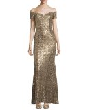 Off-the-Shoulder Sweetheart Sequin Gown, Gold