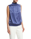 Marlana Sleeveless Silk Blouse w/ Smocked Neckline & Hem, Blue