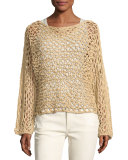 Crochet Oversized Boat-Neck Sweater, Beige