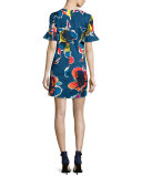Short-Sleeve Floral Stretch Crepe Shift Dress, Midnight