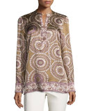 Dunham Long-Sleeve Medallion-Print Silk Blouse, Chai Multi
