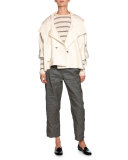 Belted Metallic Cropped Utility Pants, Gray