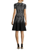 Metallic Palm-Jacquard Short-Sleeve Dress, Caviar Gunmetal