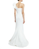 One-Shoulder Ruffle-Trim Mermaid Gown, Off White