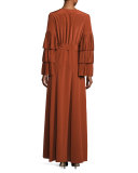 Pleated Tiered-Sleeve Wrap Gown, Burnt Sienna