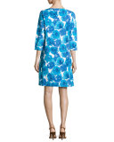 3/4-Sleeve Floral-Print Shift Dress