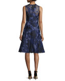 Sleeveless Beaded Floral Jacquard Dress, Navy