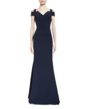 Nansen Cold-Shoulder V-Neck Mermaid Gown, Midnight Navy