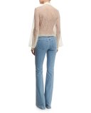 Long-Sleeve Self-Tie Sheer Lace Blouse, Vanilla