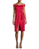 Off-the-Shoulder Draped Stretch Satin Sheath Dress, Molten